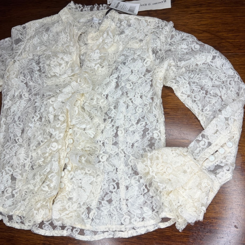 Lace Ruffle Floral Button down rancho estancia M - Picture 3 of 14